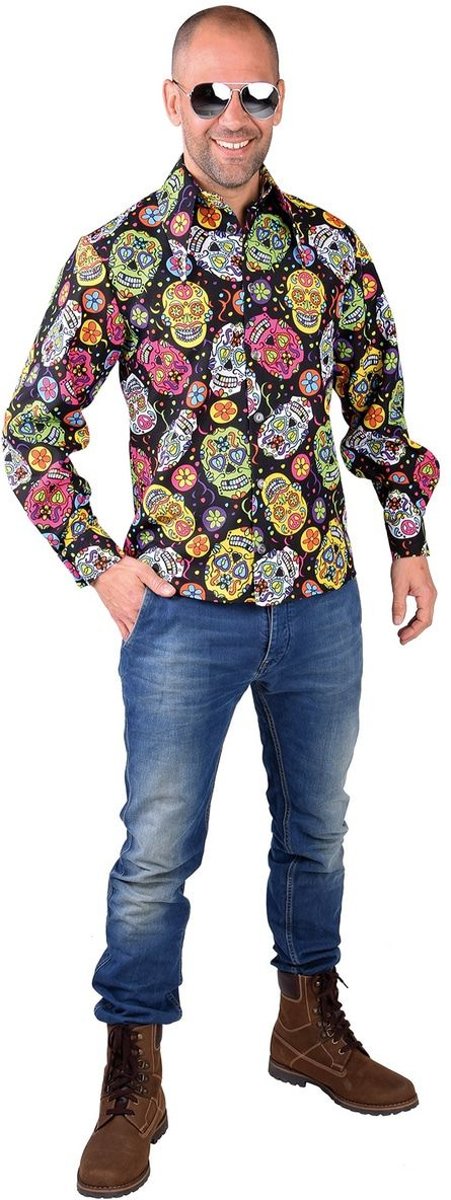 Spaans & Mexicaans Kostuum | Stijlvol Doodskoppen Dia De Los Muertos Hemd Man | XXL | Halloween | Verkleedkleding